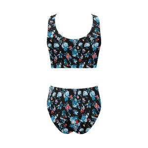 Skull flower roses leave pattern Chest Bowknot High Waisted Bikini Swimsuit