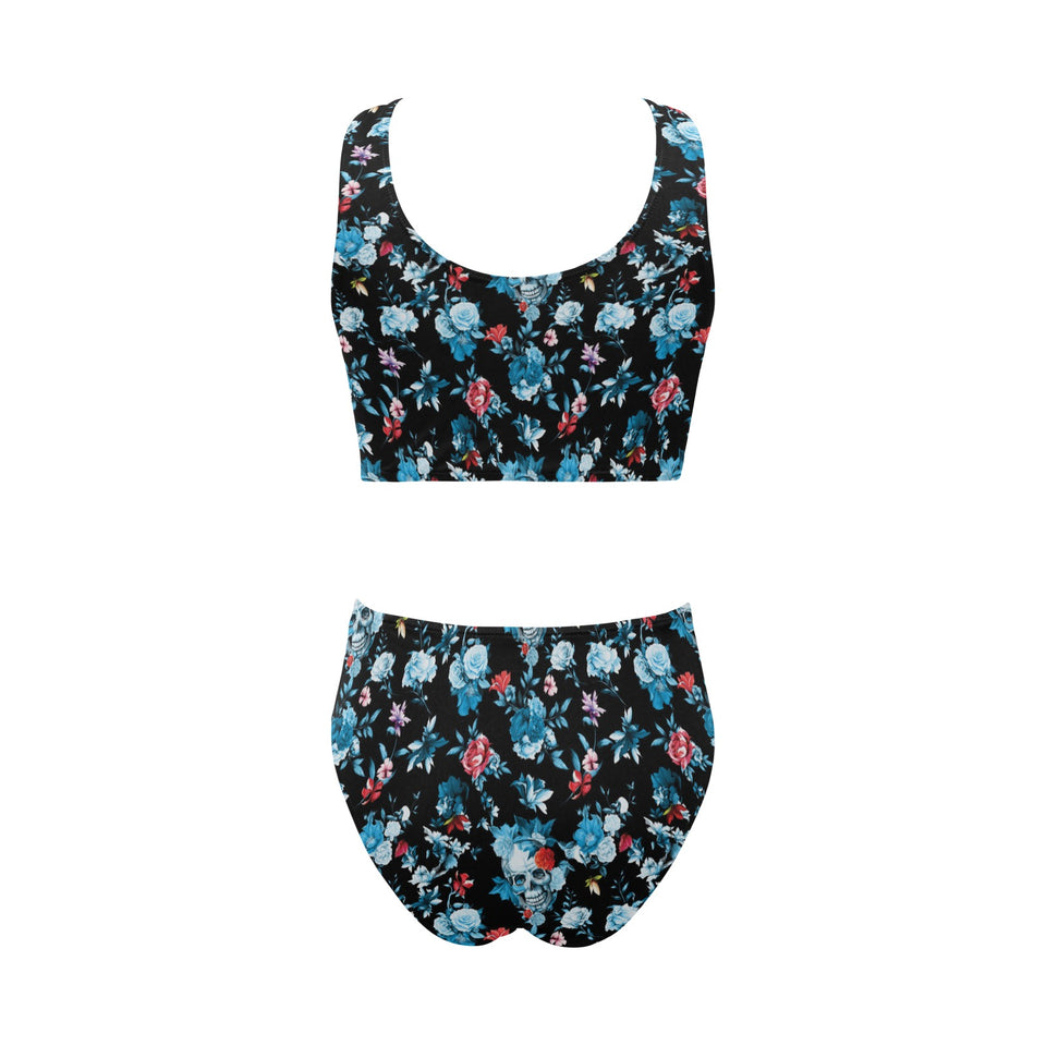 Skull flower roses leave pattern Chest Bowknot High Waisted Bikini Swimsuit
