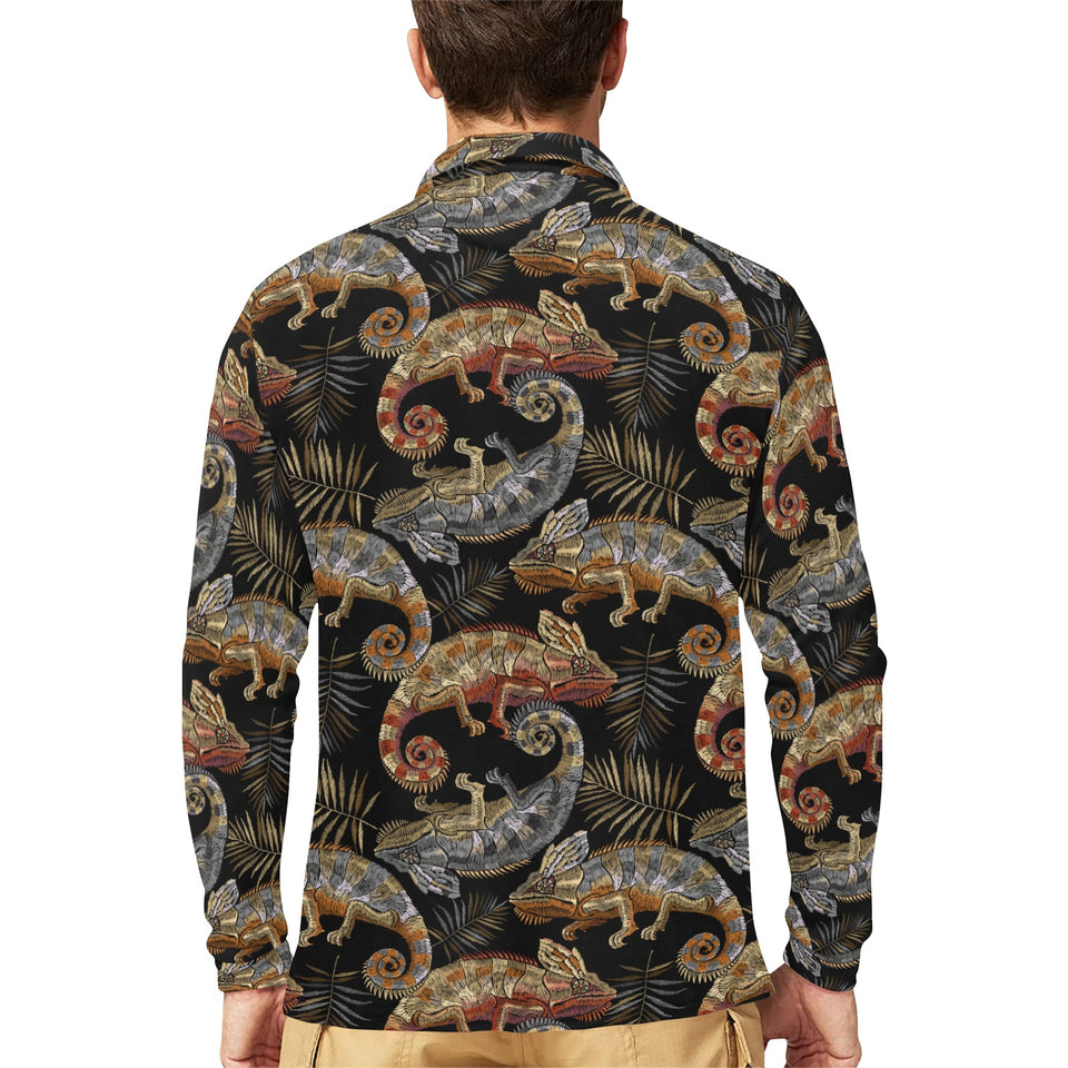 Chameleon lizard tropical leaves palm tree Men's Long Sleeve Polo Shirt