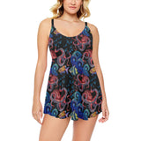 Octopus sea wave tropical fishe pattern Chest Sexy Pleated Two Piece Swim Dress