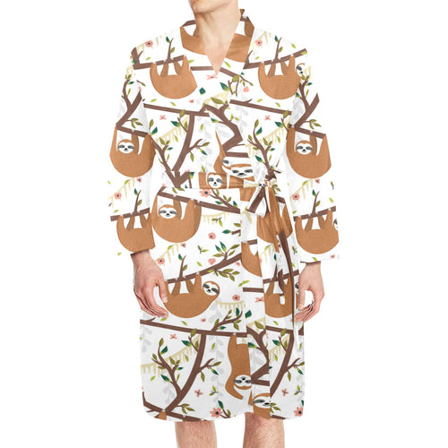 Sloths hanging on the tree pattern Men's Long Sleeve Belted Night Robe