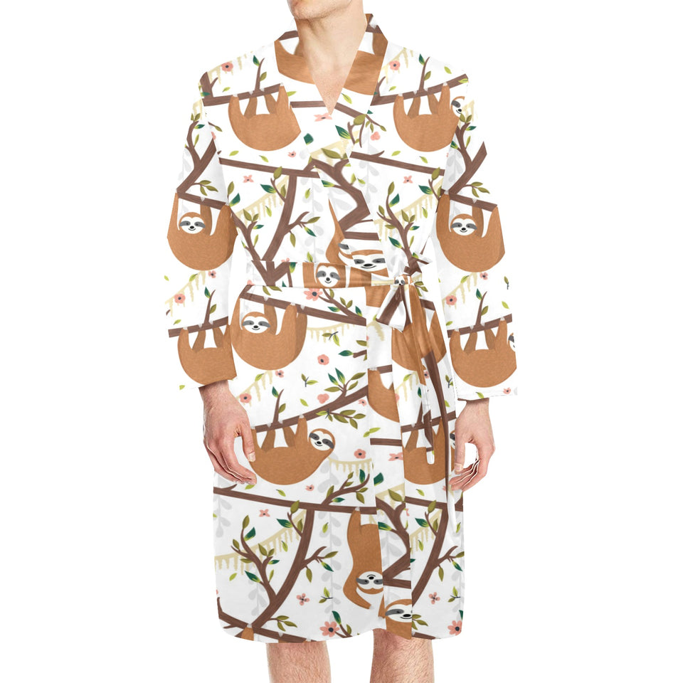 Sloths hanging on the tree pattern Men's Long Sleeve Belted Night Robe
