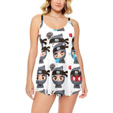 Cute ninja design pattern Chest Sexy Pleated Two Piece Swim Dress