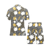 Beautiful gold autumn maple leaf pattern Men's V-Neck Short Pajama Set