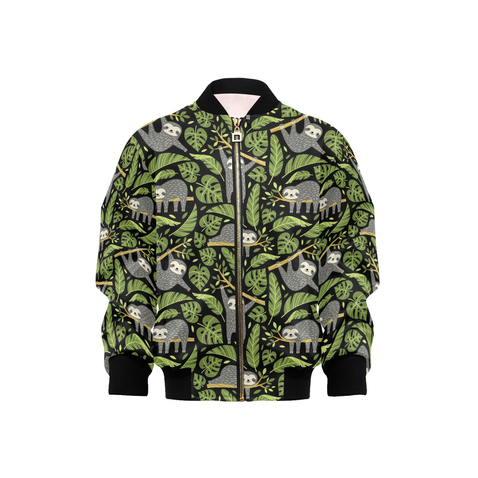 Cute sloths tropical palm leaves black background Kids' Boys' Girls' Bomber Jacket