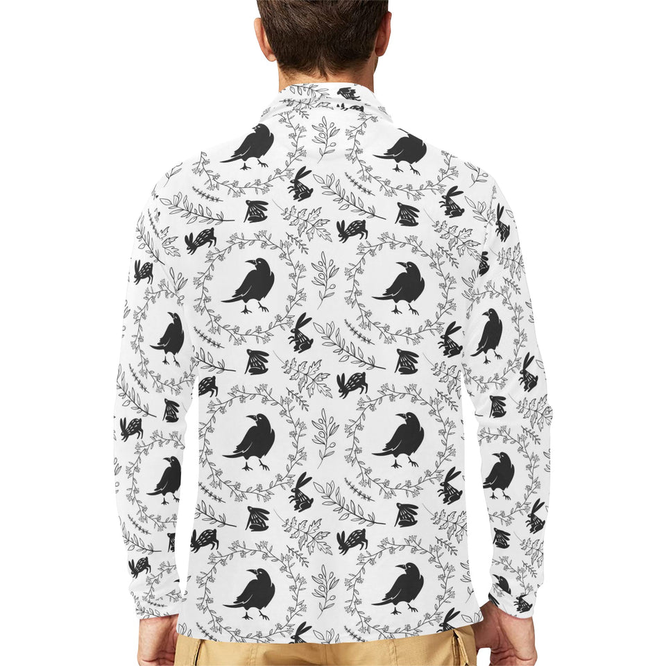 Crows floral wreath rabbit pattern Men's Long Sleeve Polo Shirt