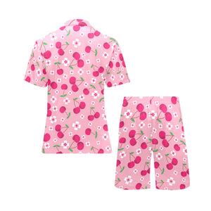 cherry flower pattern pink background Men's V-Neck Short Pajama Set