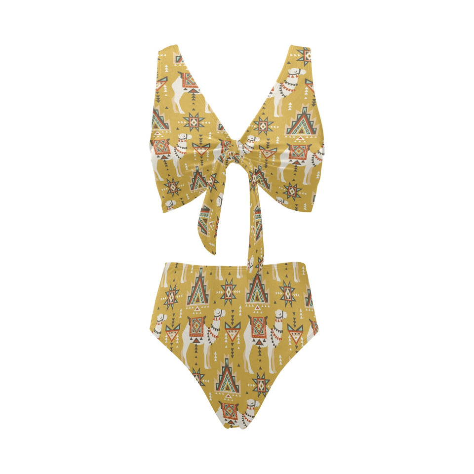Camels ethnic motif pattern Chest Bowknot High Waisted Bikini Swimsuit