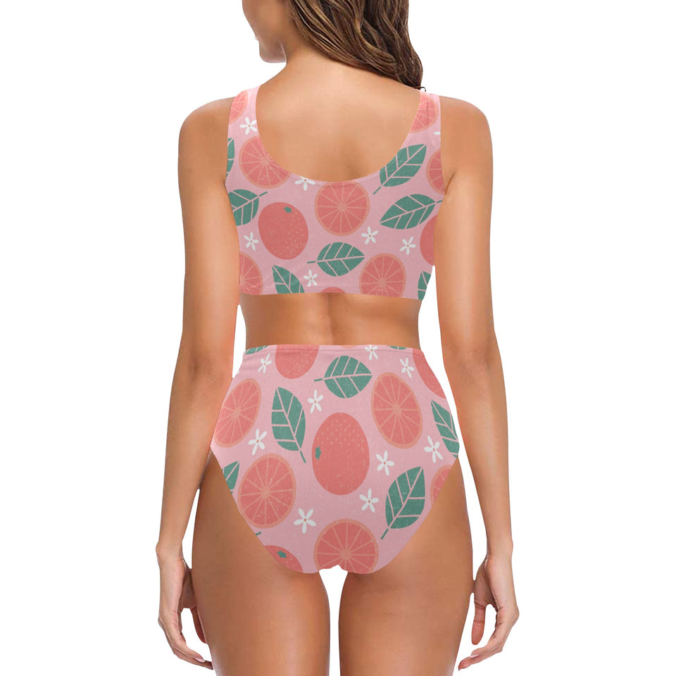 Grapefruit leaves flower pink background Chest Bowknot High Waisted Bikini Swimsuit