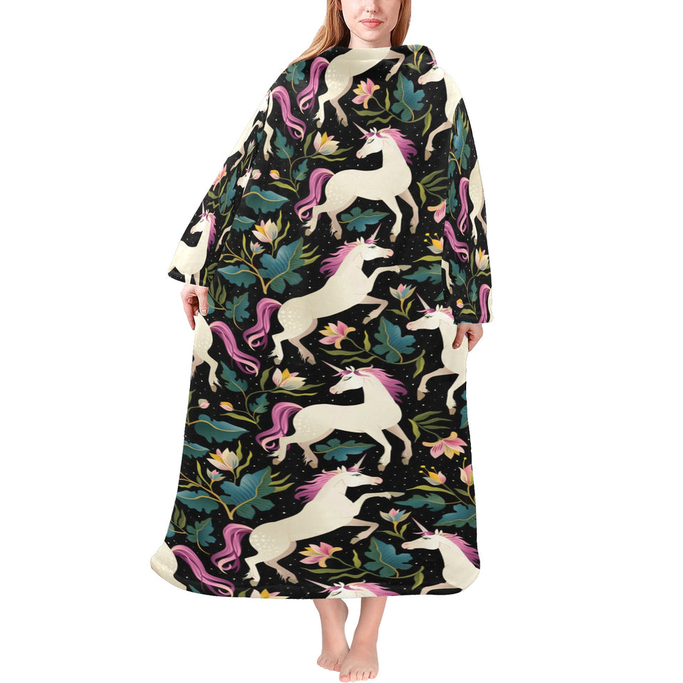 Unicorns forest background Blanket Robe with Sleeves