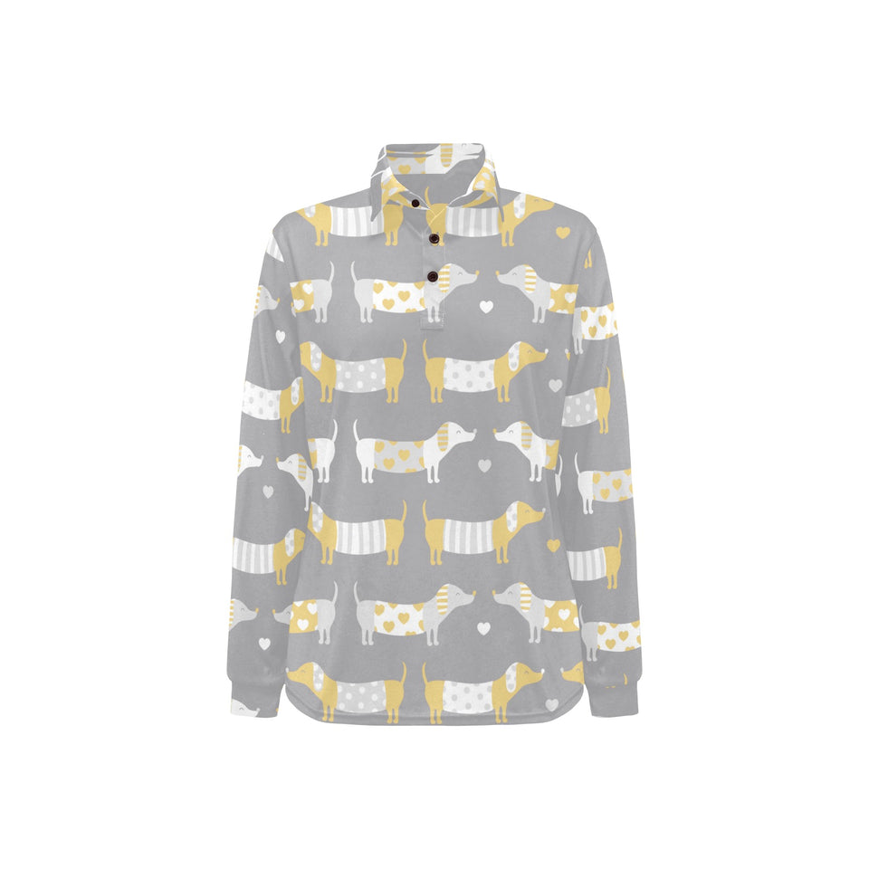 Cute dachshund dog pattern Women's Long Sleeve Polo Shirt