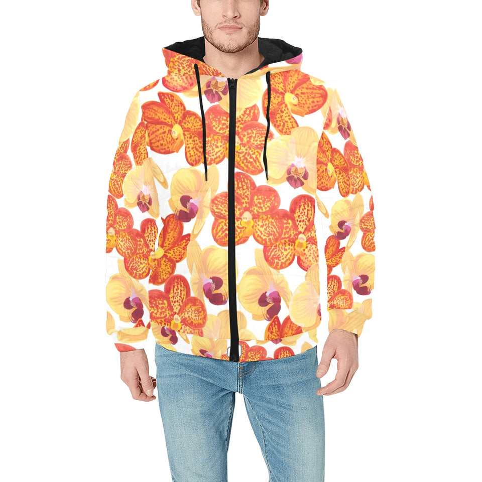 Orange yellow orchid flower pattern background Men's Padded Hooded Jacket