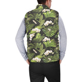 White orchid flower tropical leaves pattern blackg Men's Padded Vest