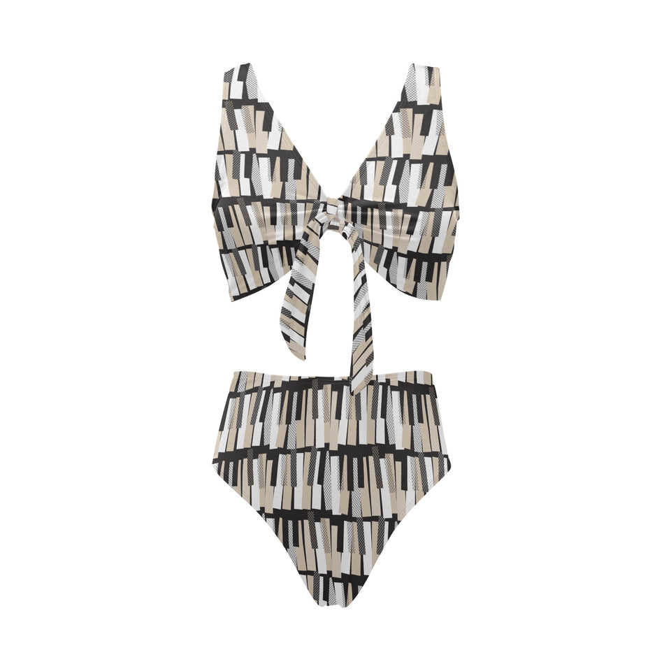 Piano Pattern Print Design 04 Chest Bowknot High Waisted Bikini Swimsuit