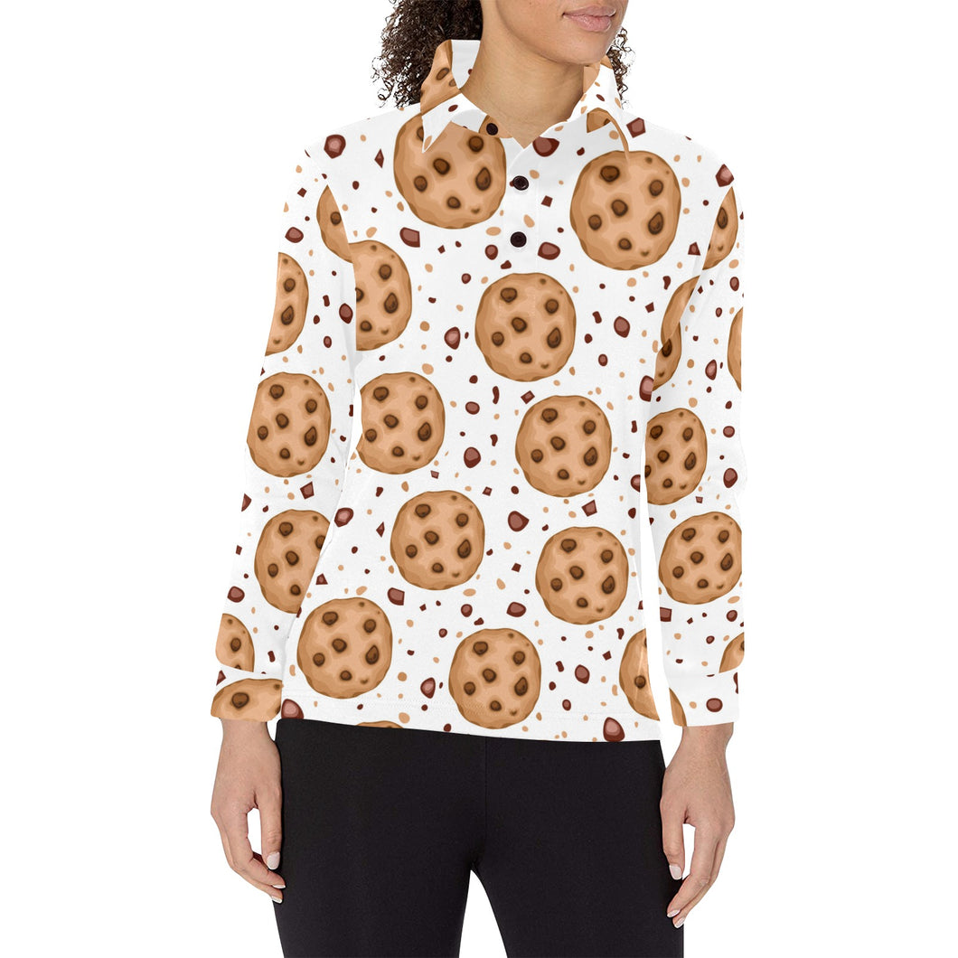 chocolate chip cookie pattern Women's Long Sleeve Polo Shirt
