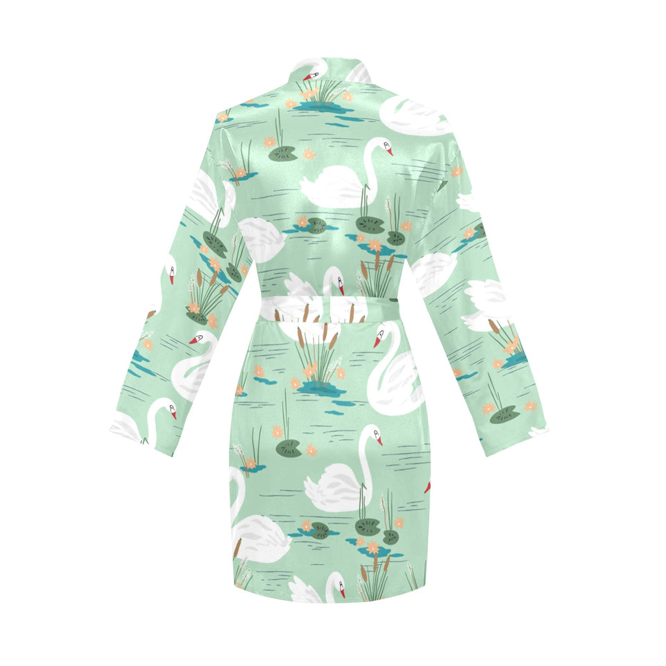 White swan lake pattern Women's Long Sleeve Belted Night Robe