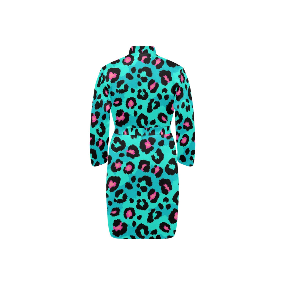 Green leopard skin print pattern Men's Long Sleeve Belted Night Robe