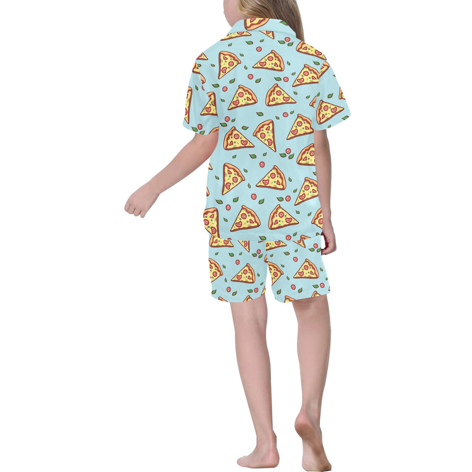 Hand drawn pizza blue background Kids' Boys' Girls' V-Neck Short Pajama Set