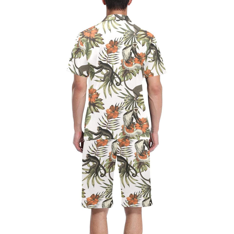 Monkey red hibiscus flower palm leaves floral patt Men's V-Neck Short Pajama Set