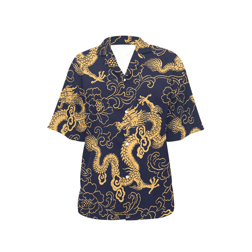 Gold dragon pattern Women's All Over Print Hawaiian Shirt