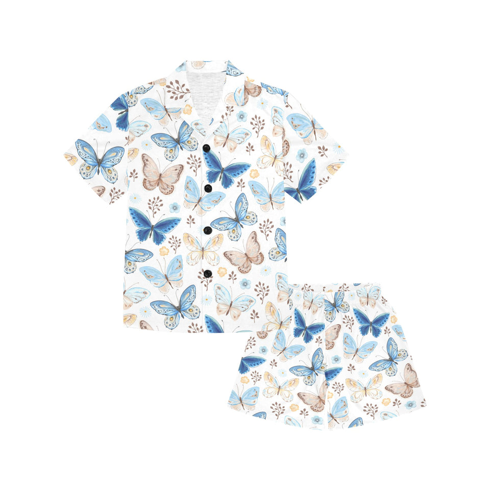 blue butterfly pattern Kids' Boys' Girls' V-Neck Short Pajama Set