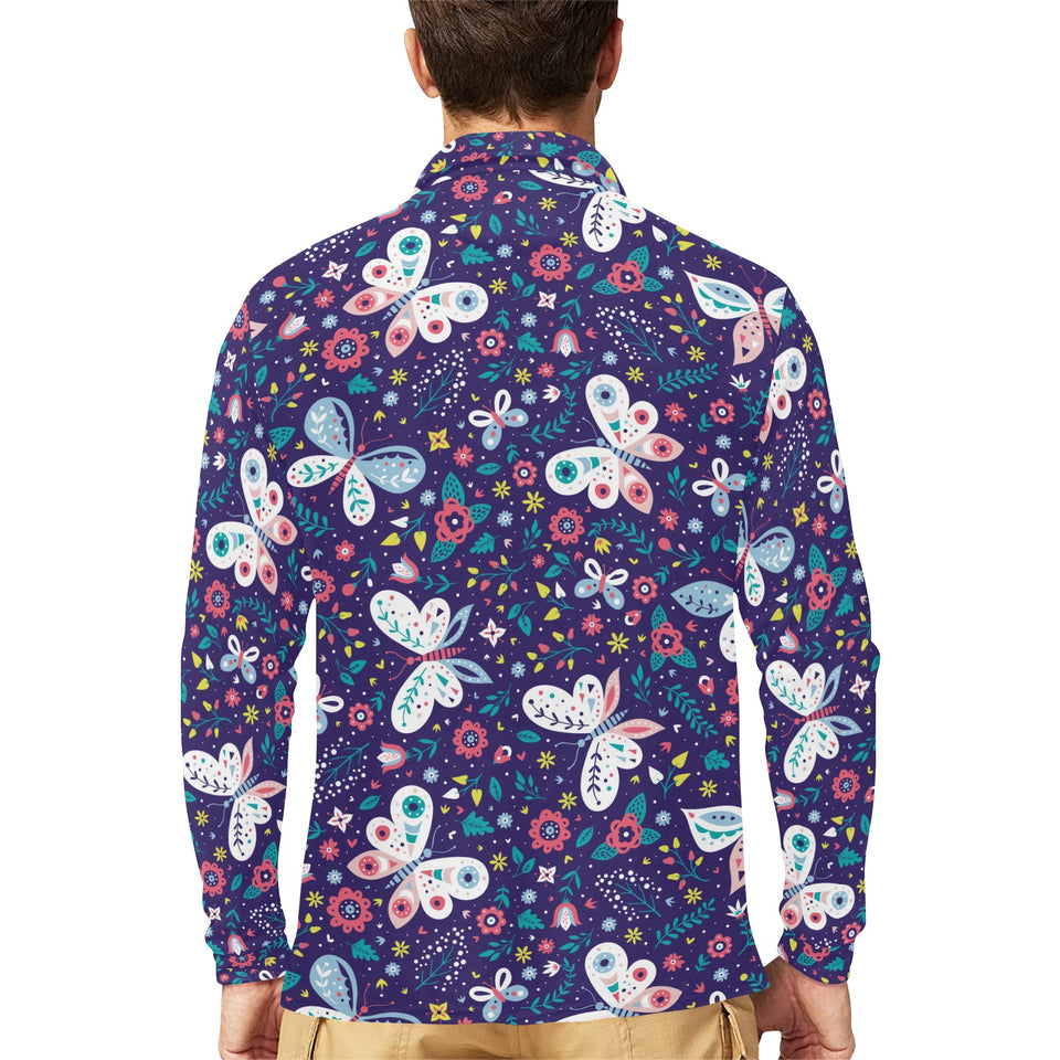 Colorful butterfly flower pattern.eps Men's Long Sleeve Polo Shirt