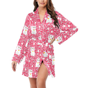 Maneki neko cat sakura pink background Women's Long Sleeve Belted Night Robe