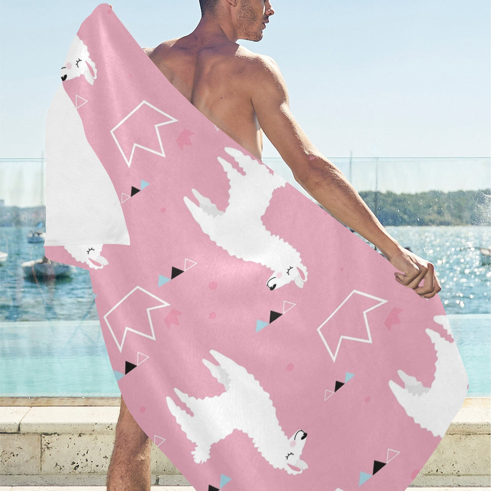 Llama Alpaca pink background Beach Towel