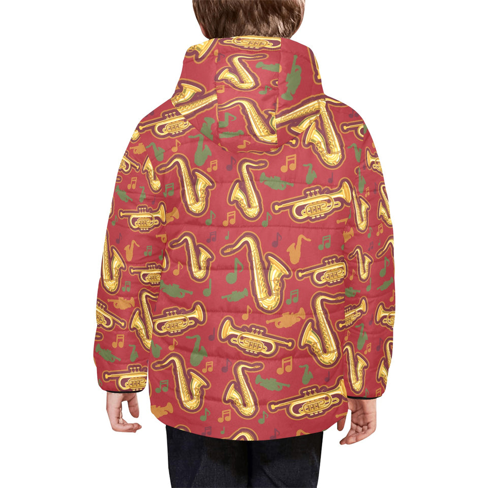 Saxophone cornet pattern red background Kids' Boys' Girls' Padded Hooded Jacket