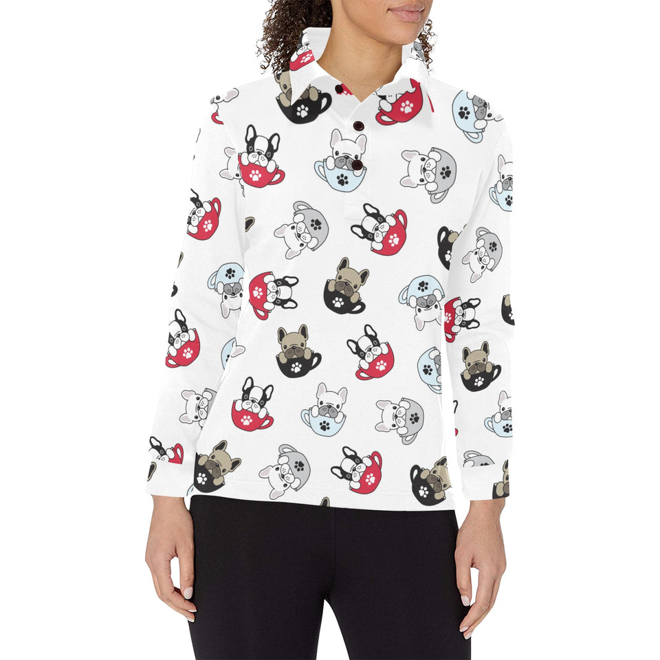 French bulldog cup paw pattern Women's Long Sleeve Polo Shirt