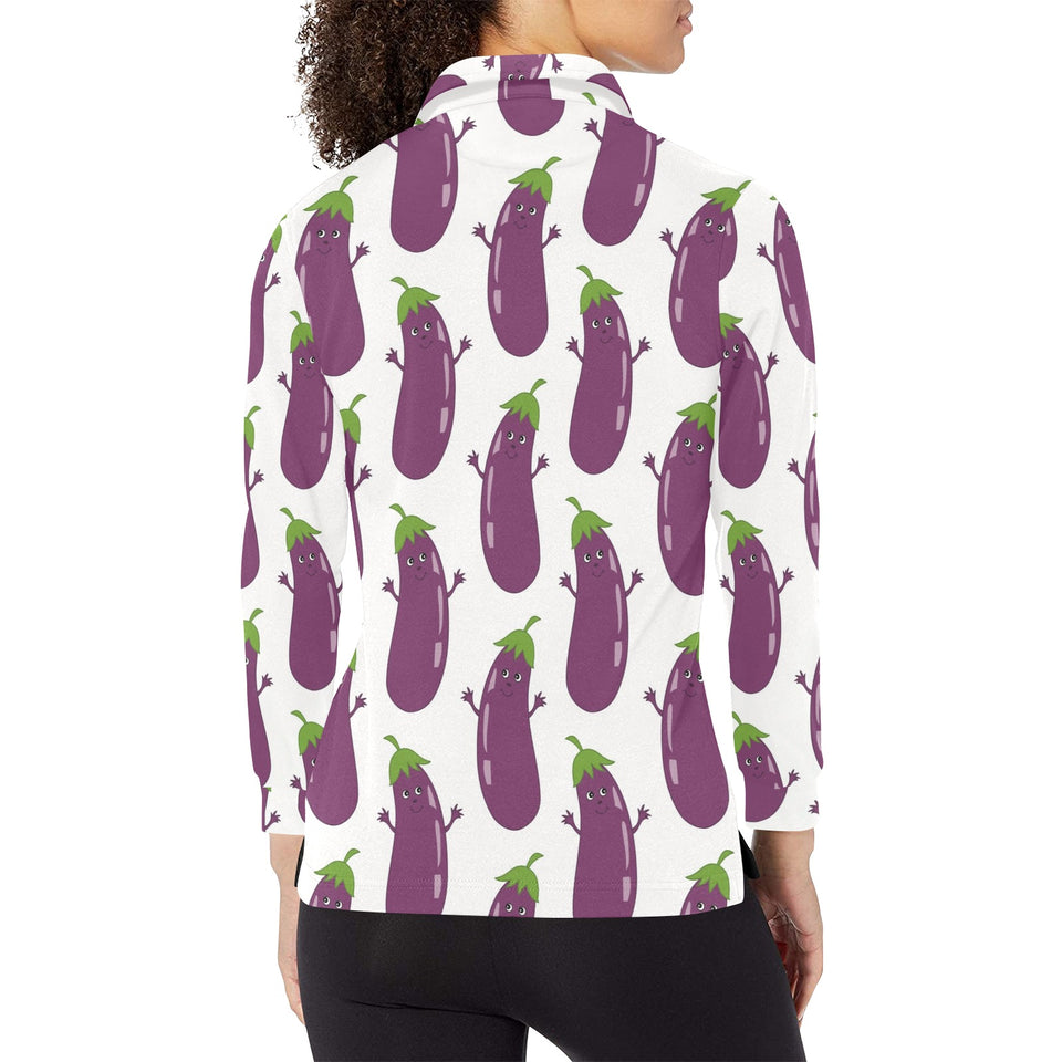 Eggplant Pattern Print Design 01 Women's Long Sleeve Polo Shirt