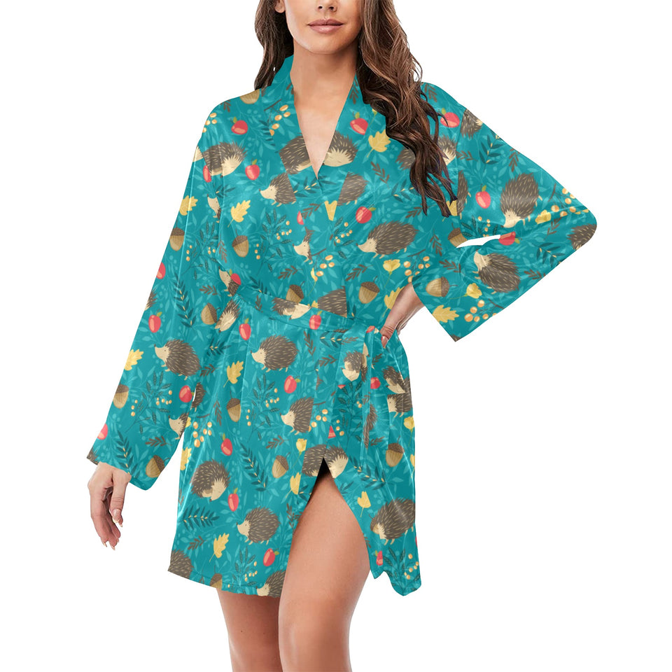 Hedgehog Pattern Print Design 01 Women's Long Sleeve Belted Night Robe