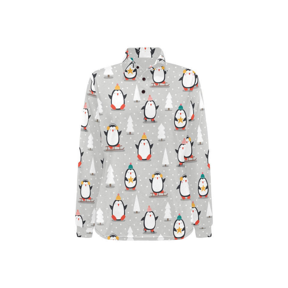 Cute Penguin christmas pattern Women's Long Sleeve Polo Shirt