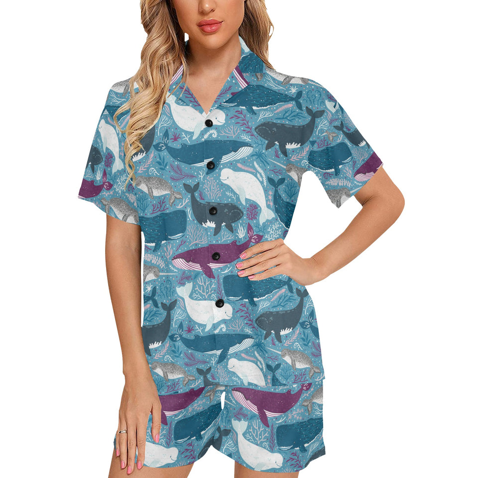 Whale design pattern Women's V-Neck Short Pajama Set