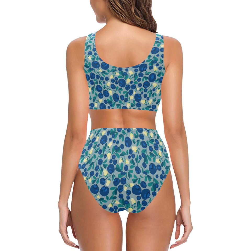 blueberry design pattern Chest Bowknot High Waisted Bikini Swimsuit