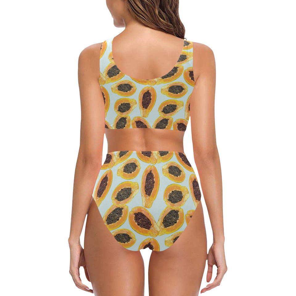 Watercolor papaya pattern Chest Bowknot High Waisted Bikini Swimsuit