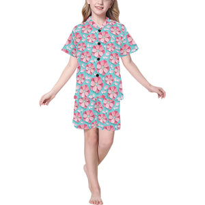 3D sakura cherry blossom pattern Kids' Boys' Girls' V-Neck Short Pajama Set
