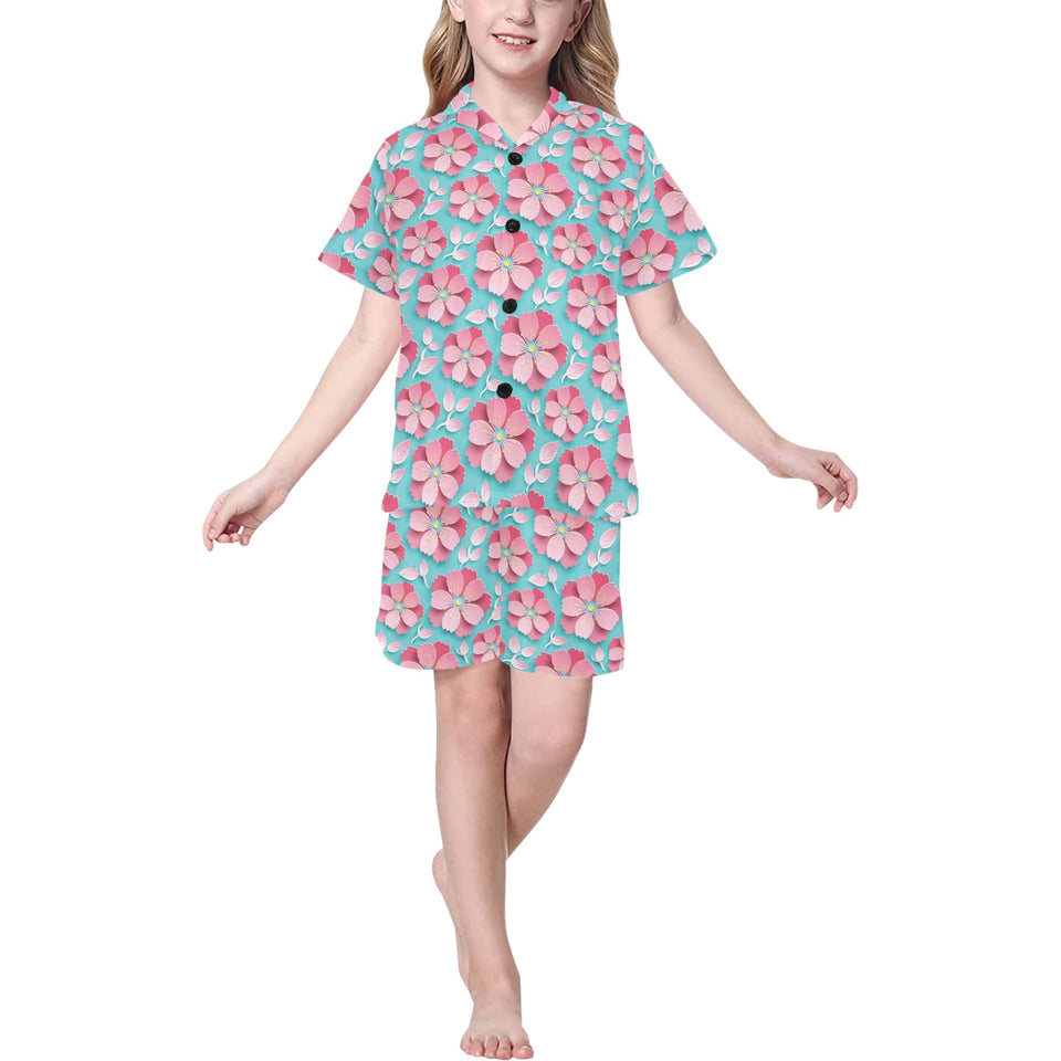 3D sakura cherry blossom pattern Kids' Boys' Girls' V-Neck Short Pajama Set