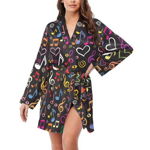 Music Notes Pattern Print Design 02 Women's Long Sleeve Belted Night Robe