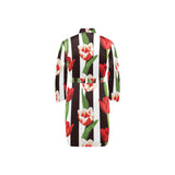 red and white tulips pattern Men's Long Sleeve Belted Night Robe