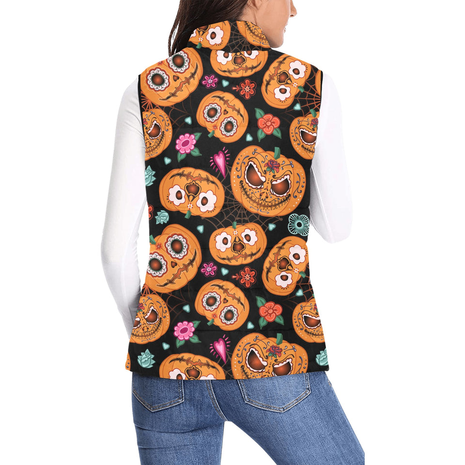 Pumpkin flowers spiderweb Halloween theme Women's Padded Vest