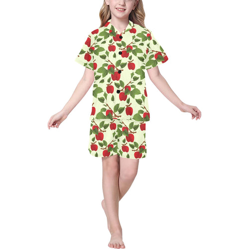 Red apples leaves pattern Kids' Boys' Girls' V-Neck Short Pajama Set