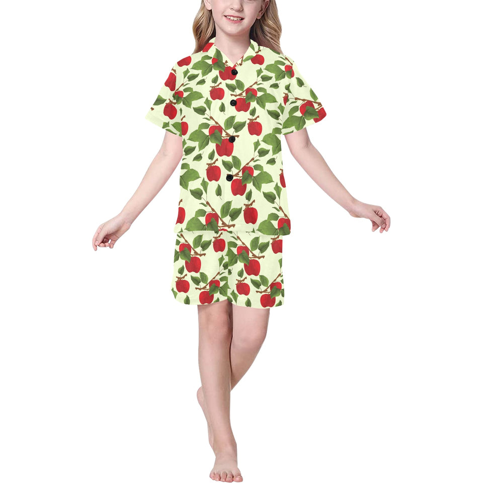Red apples leaves pattern Kids' Boys' Girls' V-Neck Short Pajama Set