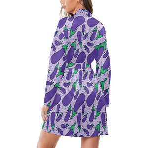 Eggplant Pattern Print Design 03 Women's Long Sleeve Belted Night Robe