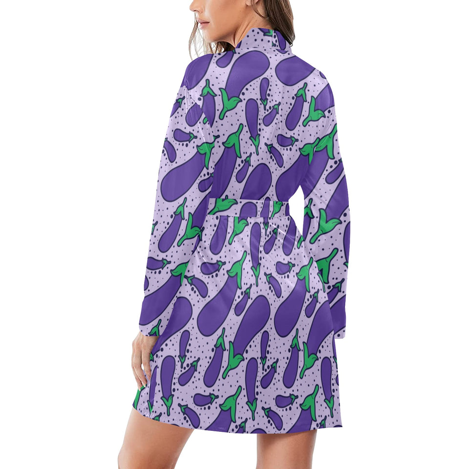 Eggplant Pattern Print Design 03 Women's Long Sleeve Belted Night Robe