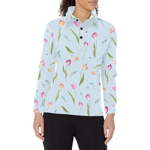 Watercolor Tulips pattern Women's Long Sleeve Polo Shirt