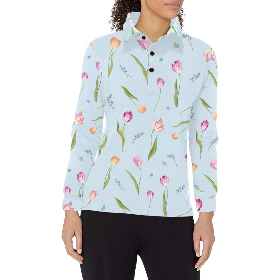 Watercolor Tulips pattern Women's Long Sleeve Polo Shirt