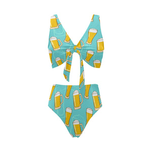 Beer pattern green background Chest Bowknot High Waisted Bikini Swimsuit
