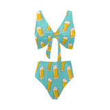 Beer pattern green background Chest Bowknot High Waisted Bikini Swimsuit
