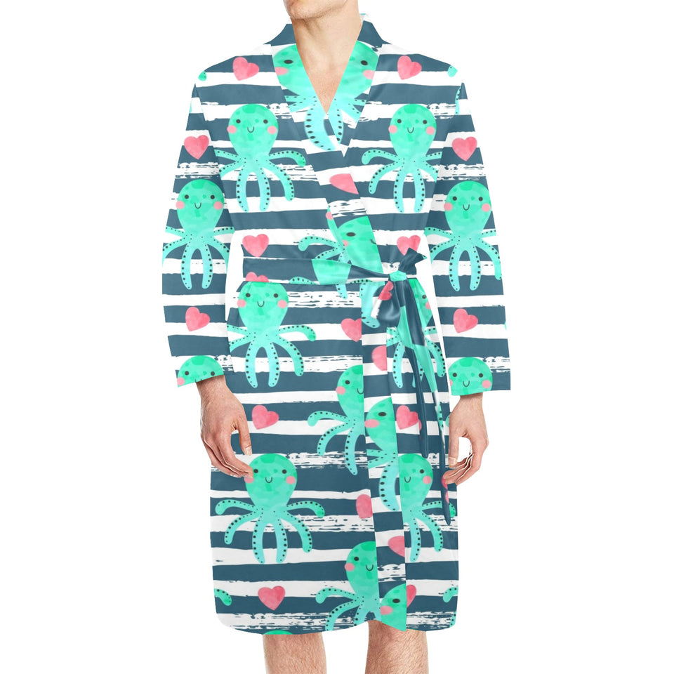 Cute octopuses heart striped background Men's Long Sleeve Belted Night Robe